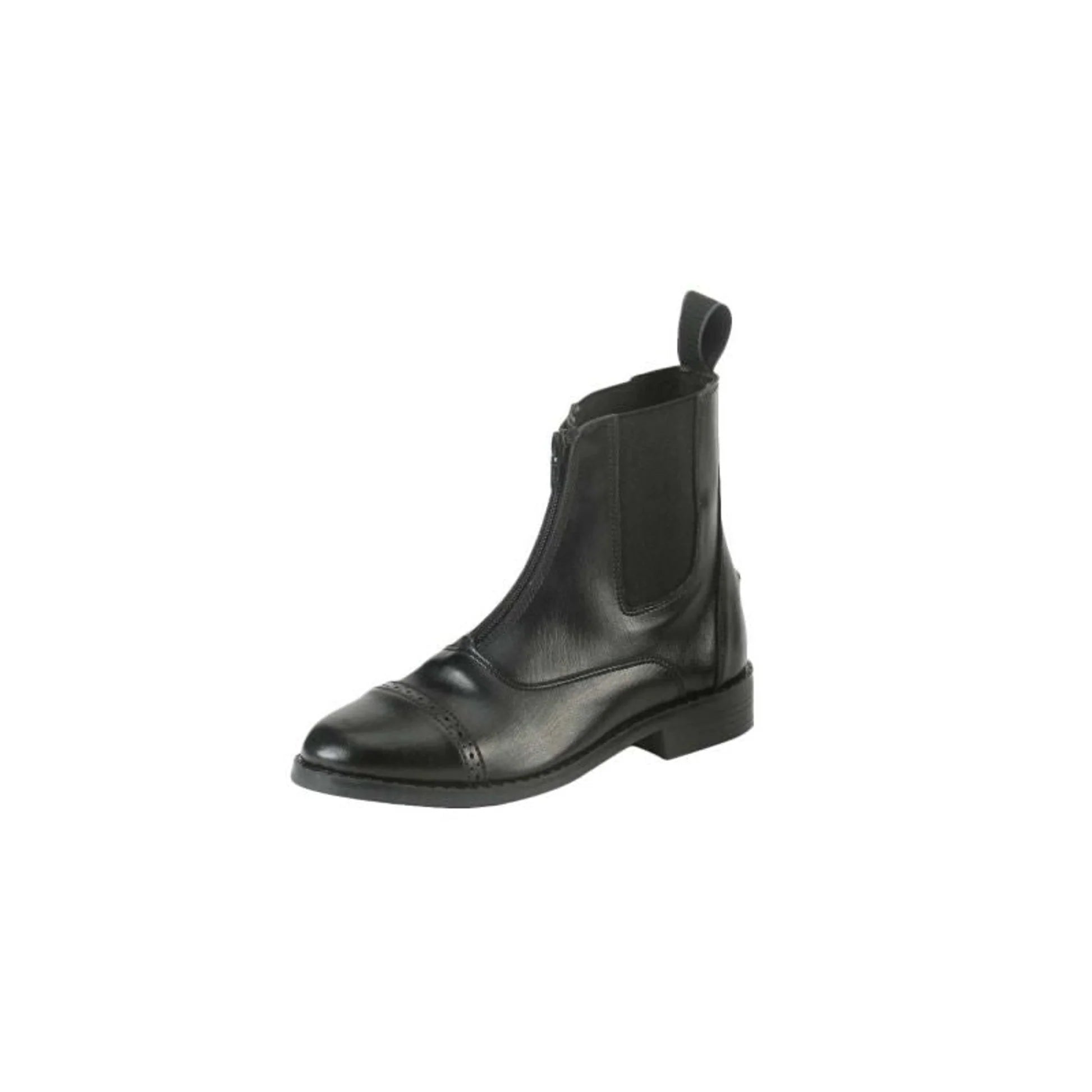 Angled front view of the black EquiStar Ladies All Weather Zip Synthetic Paddock Boot on a white background