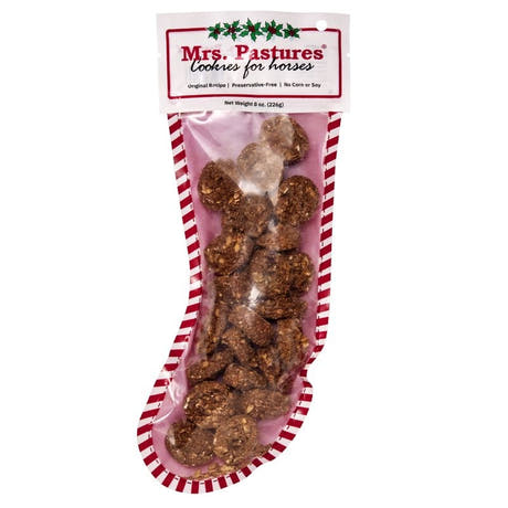 View of the Mrs. Pastures Cookies For Horses Christmas Stocking on a white background