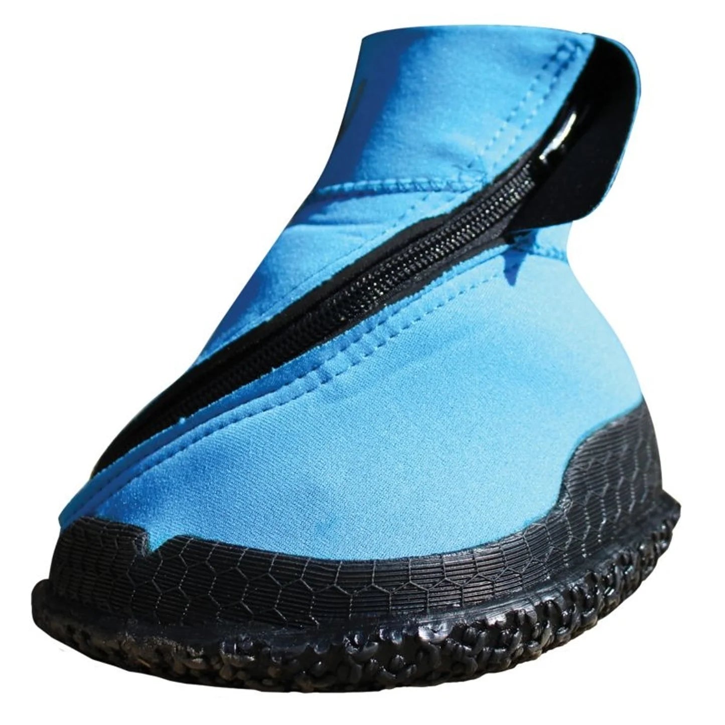 A light blue neoprene ankle boot with a black zipper and a black textured sole, shown against a plain white background.