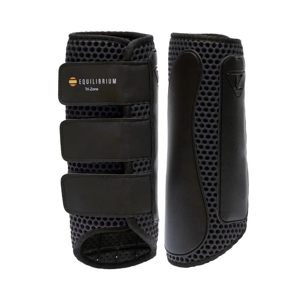 Front and back views of the black Equilibrium Tri-Zone Impact Cross Country Front Boot on a white background