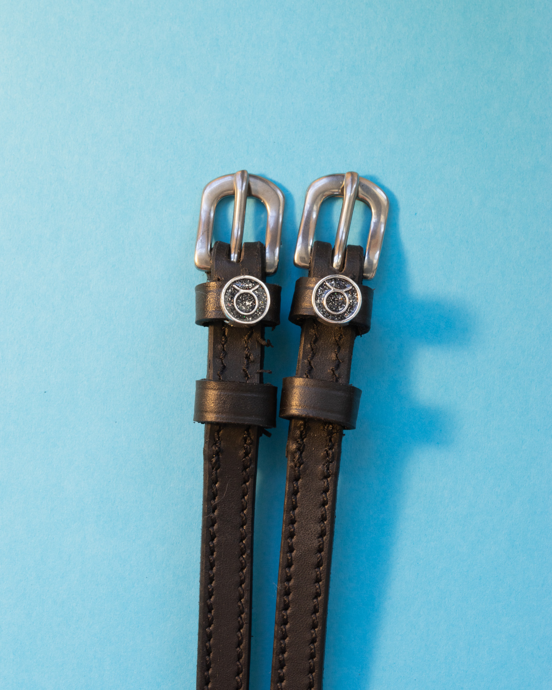 View of the Taurus Mane Jane Spur Straps  on a plain blue background