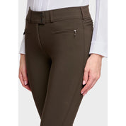 Close-up angled front view of a female model wearing the Mocha Samshield Chloe 3D Full Grip Breeches on a plain background