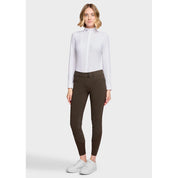 Full body front view of a female model wearing the Mocha Samshield Chloe 3D Full Grip Breeches and white shirt on a plain background
