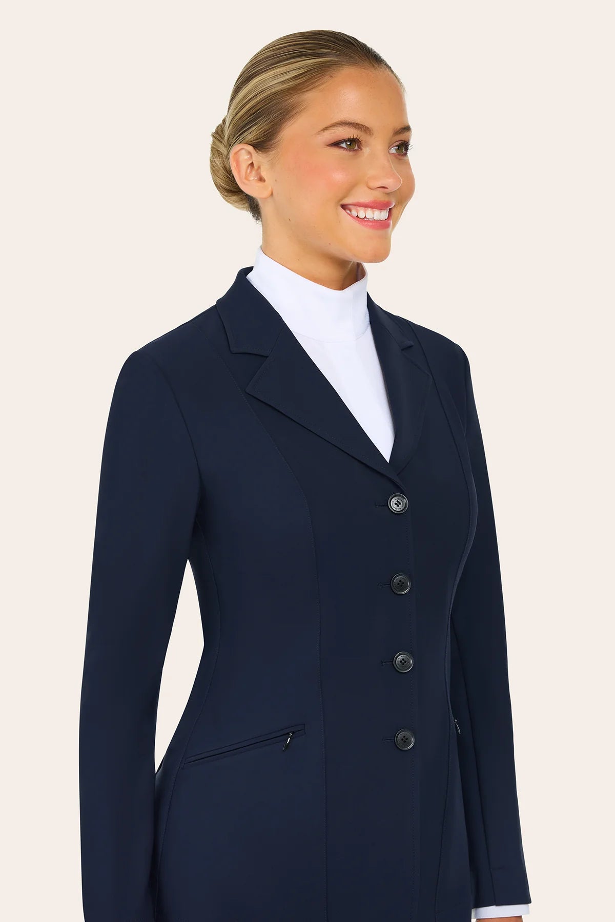 Angled front view of a model wearing the navy RJ Classics Victory Show Coat on a plain background
