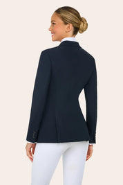 Back view of a model wearing the navy RJ Classics Victory Show Coat on a plain background