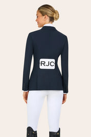 Back view of a model wearing the navy RJ Classics Victory Show Coat with RJC on the compatition number tabard on a plain background