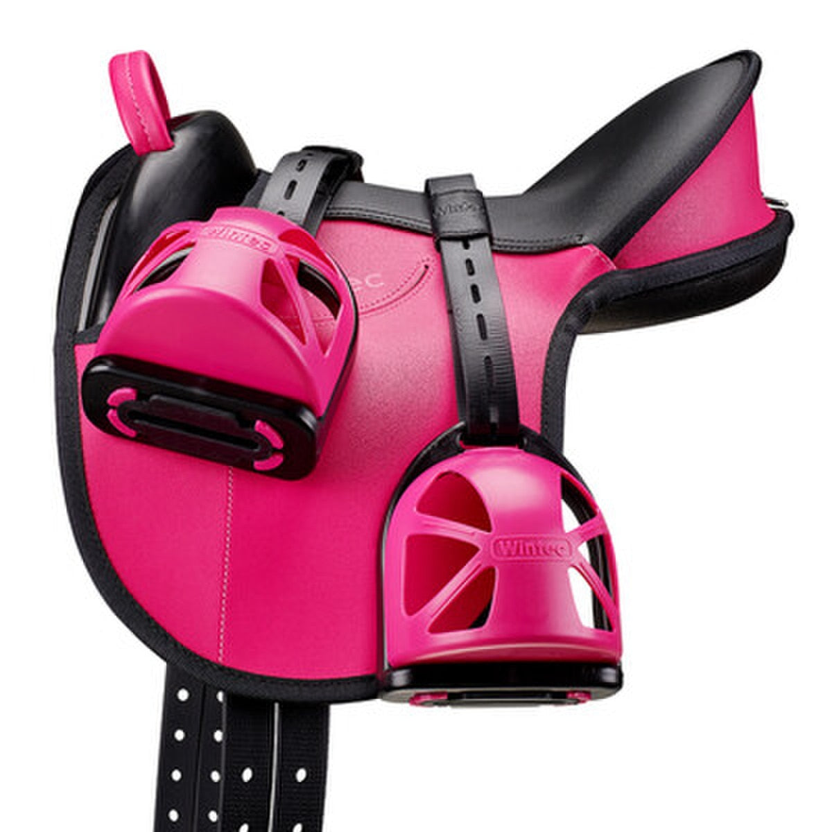 Side view of the Pink Wintec Kids Saddle Pack on a white background