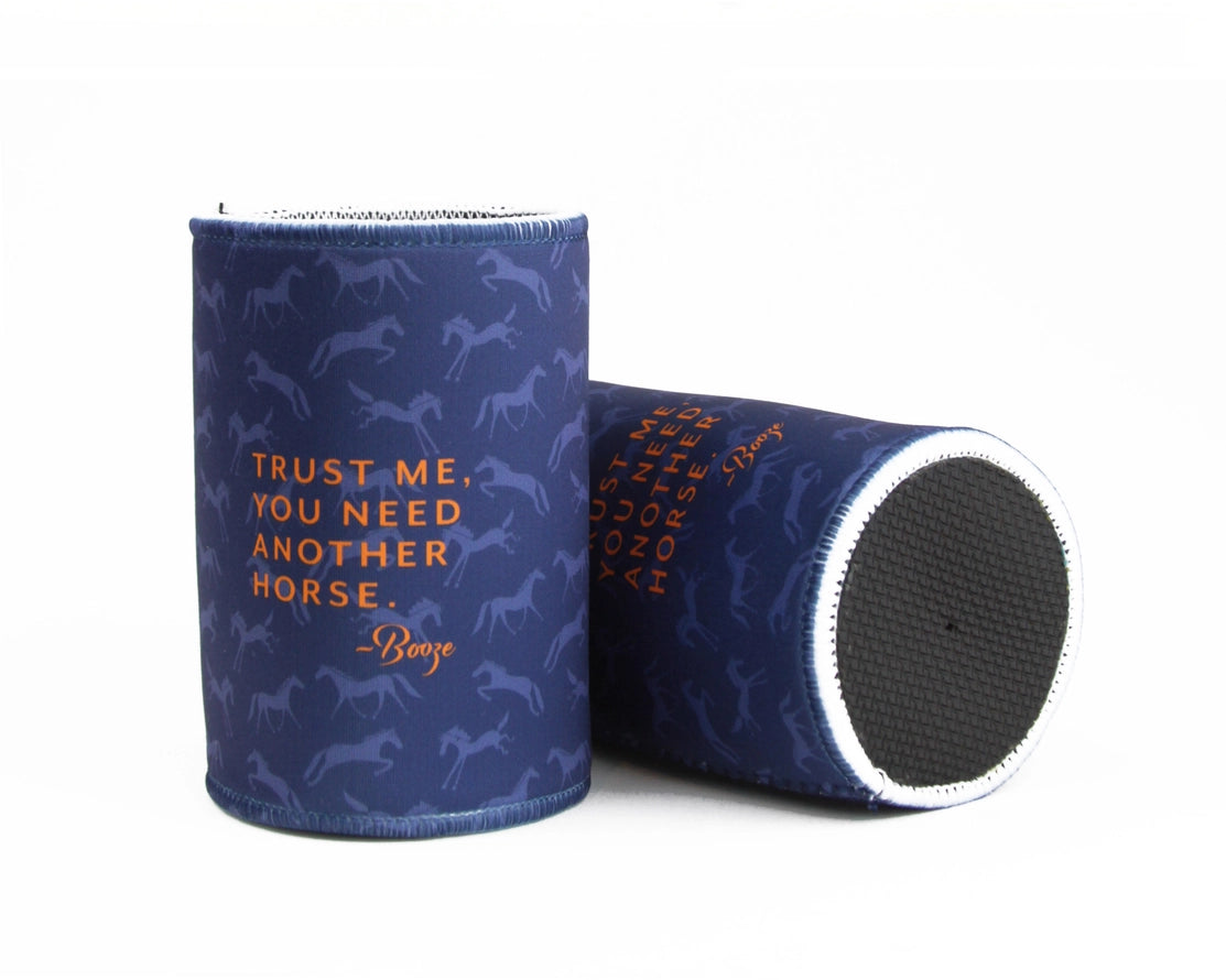 Side and bottoms views of 2 Trust Me Mare Modern Goods Koozies on a white background