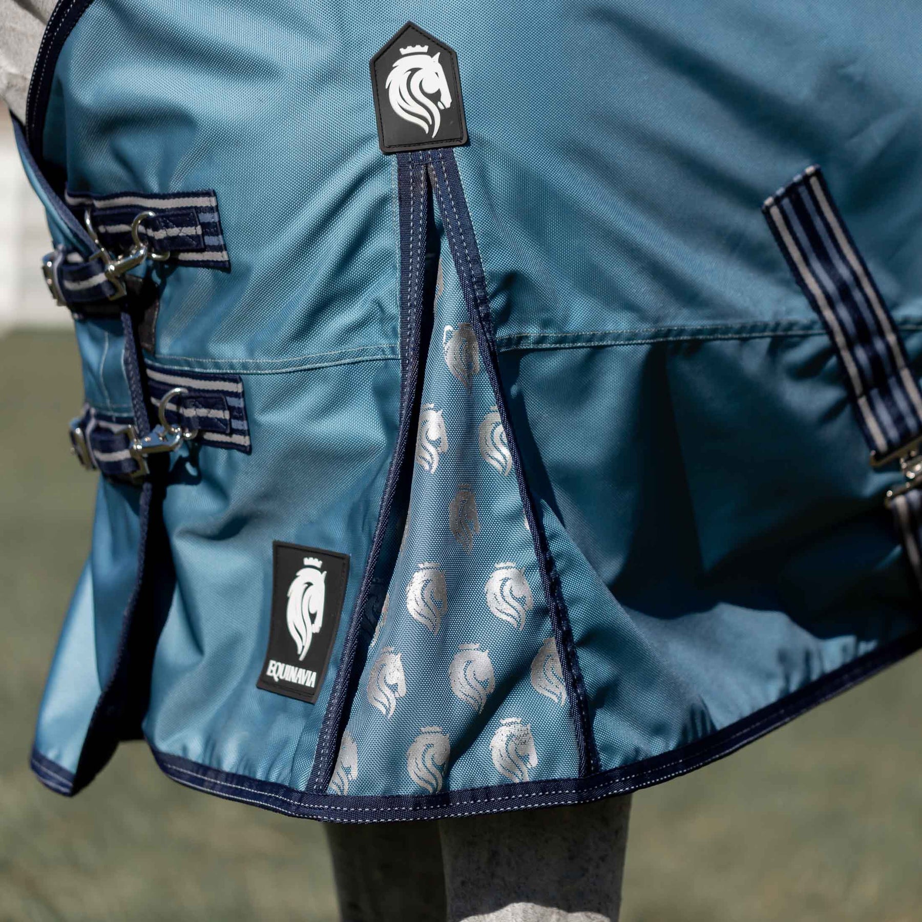 Angled side closeup view of a horse wearing the Equinavia Thunder 360 200g Detachable Neck Turnout Blanket outdoors showing the details on the front