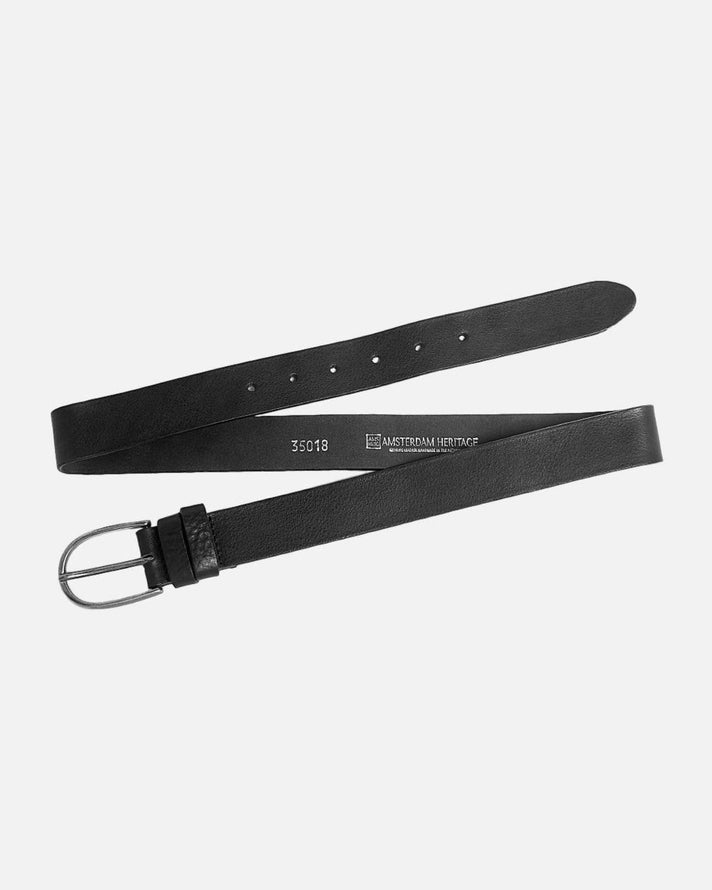 Full view of the black/silver Amsterdam Heritage Dieke Classic Leather Belt on a plain background
