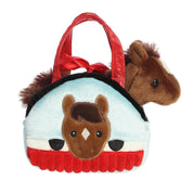 Front view of the 7" Plush Brown Pony in Peek-A-Boo in Sparkle Purse on a white background