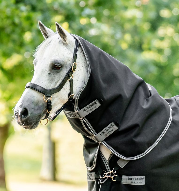 Angled front view of a white horse standing outside and wearing the black Horseware Rambo Supreme 1680D Turnout Hood 0g