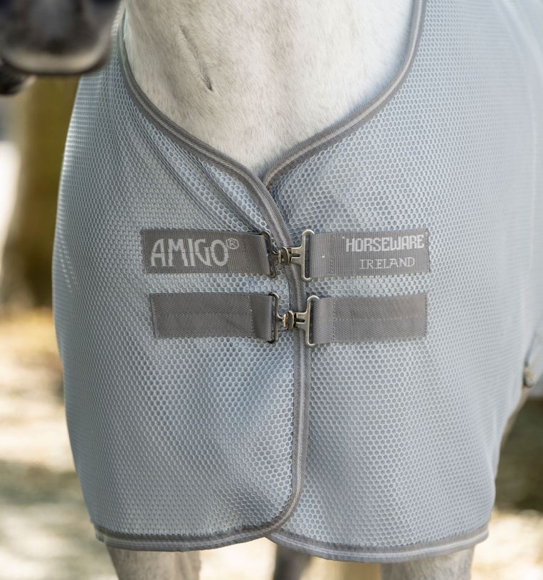 Front chest view of Horseware Amigo Airnet Cooler showing dual front closures and mesh fabric