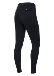 Angled back view of the Black Kerrits Free Motion Coolcore Knee Patch Breech on a plain background