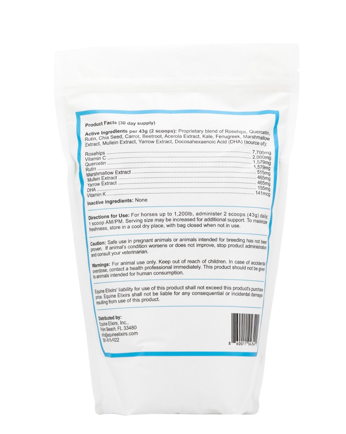 Back view of a small bag of Equine Elixirs Air Force on a white background