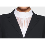 Close up front view of the lapel on the black Samshield Alix Show Coat on a plain background