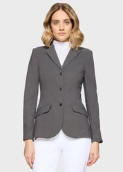 Front view of a female model wearing the gray Samshield Alix Air Show Coat on a plain background