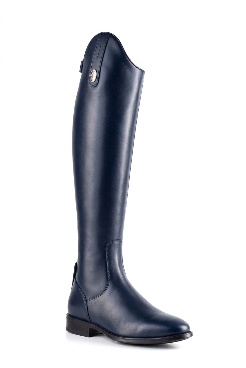 Smooth blue tall leather dress boot shown on plain white background
