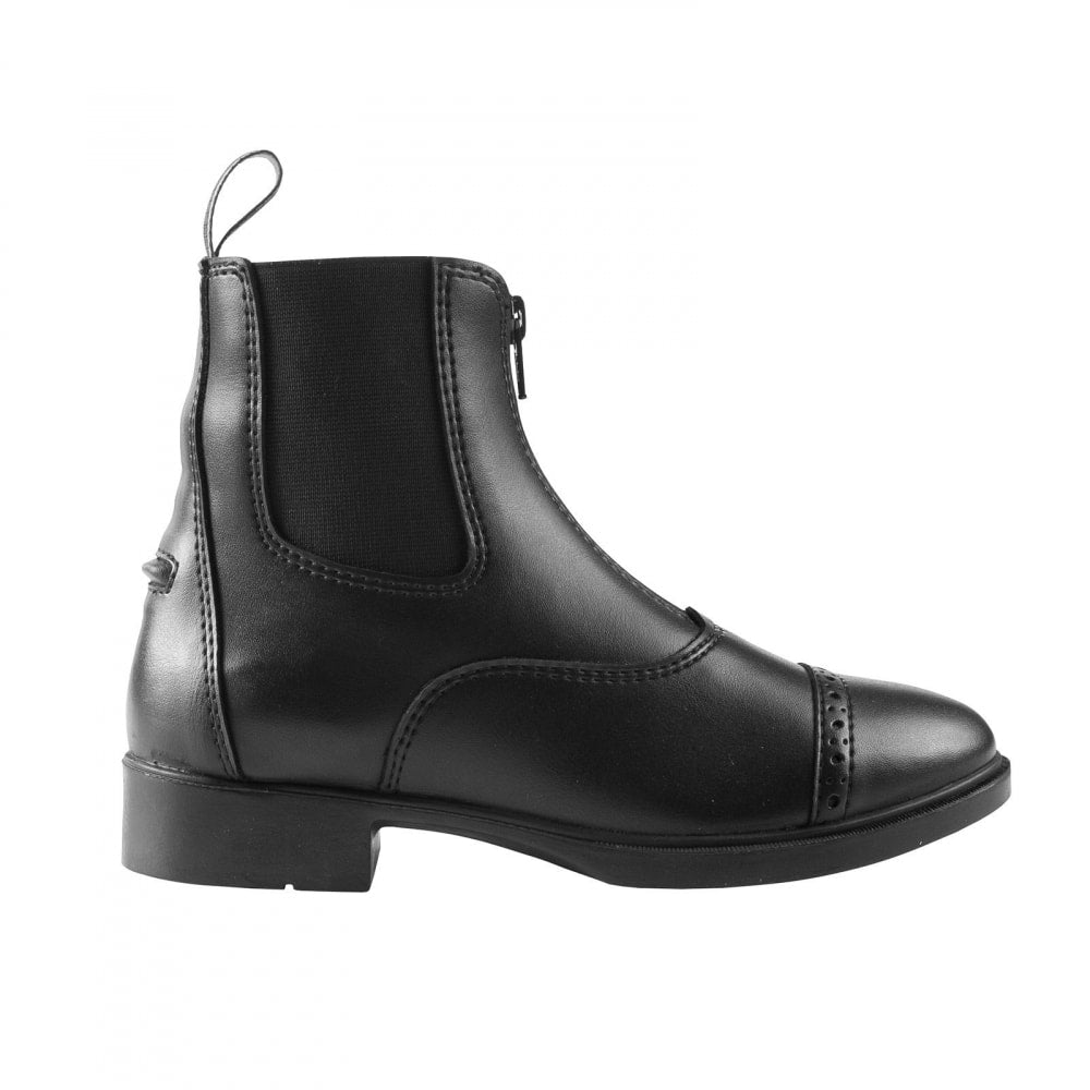Side view of a Black Horze Wexford Kids Paddock Boot on a white background