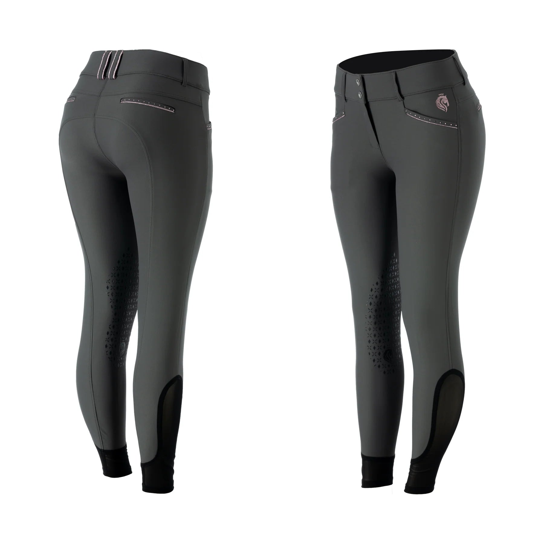 Full view of the Carbon/Orchid Equinavia Victoria Knee Patch Breeches on a plain background