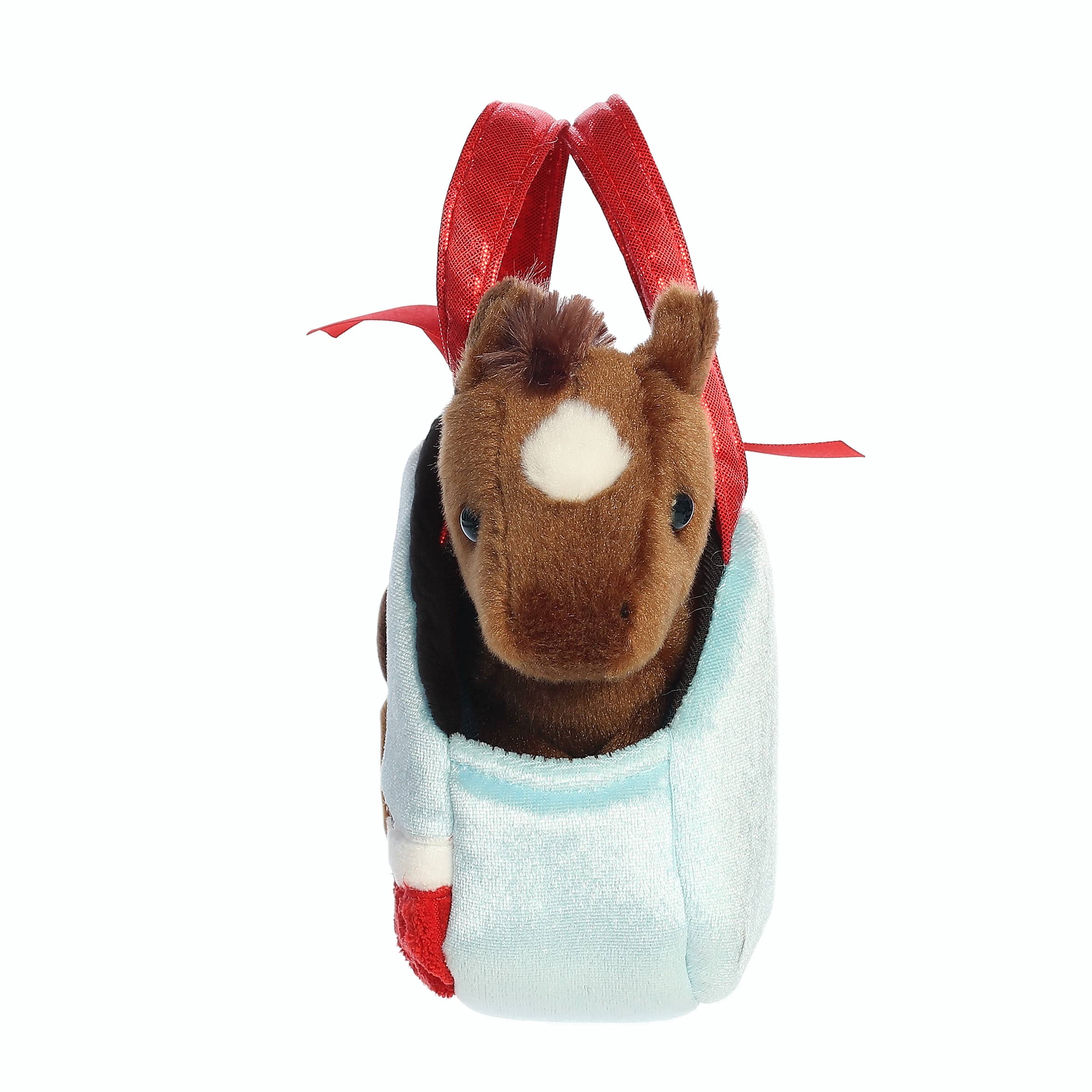 Side view of the 7" Plush Brown Pony in Peek-A-Boo in Sparkle Purse on a white background