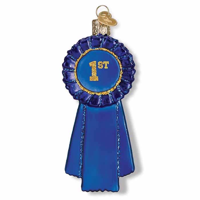 Front view of the Kelley Glass Blue Ribbon Ornament on a white background