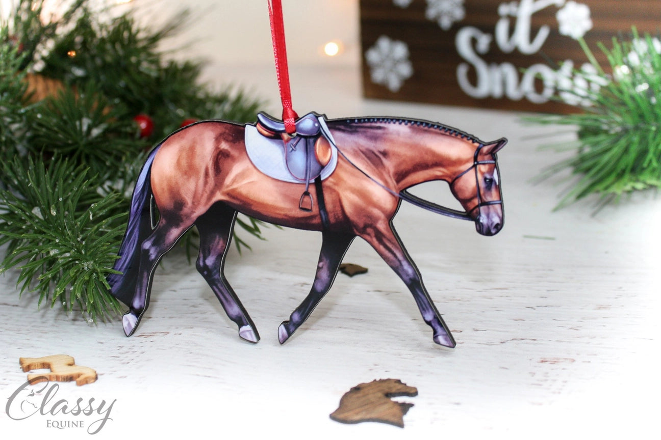 Front view of the Bay Classy Equine English Pleasure Quarter Horse Ornament