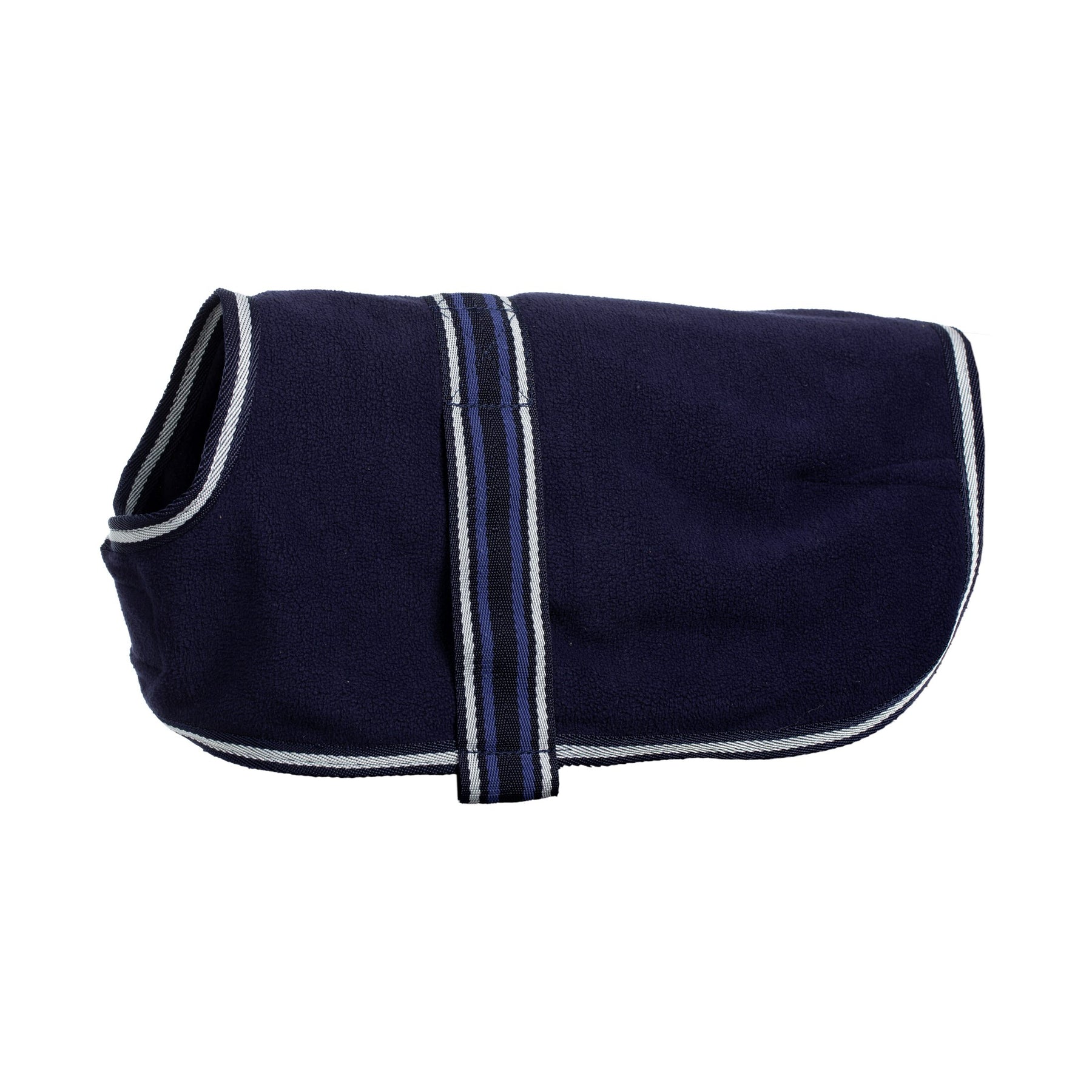 Side view of the Navy Equinavia Norse Fleece Dog Coat on a white background