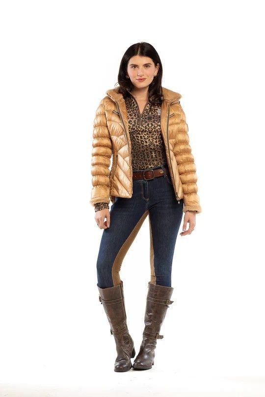 Golden shiney stitched puffer jacket shown on model