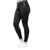 Angled front view of a female model wearing the Black Equinavia Astrid Winter Full Seat Breeches on a white background