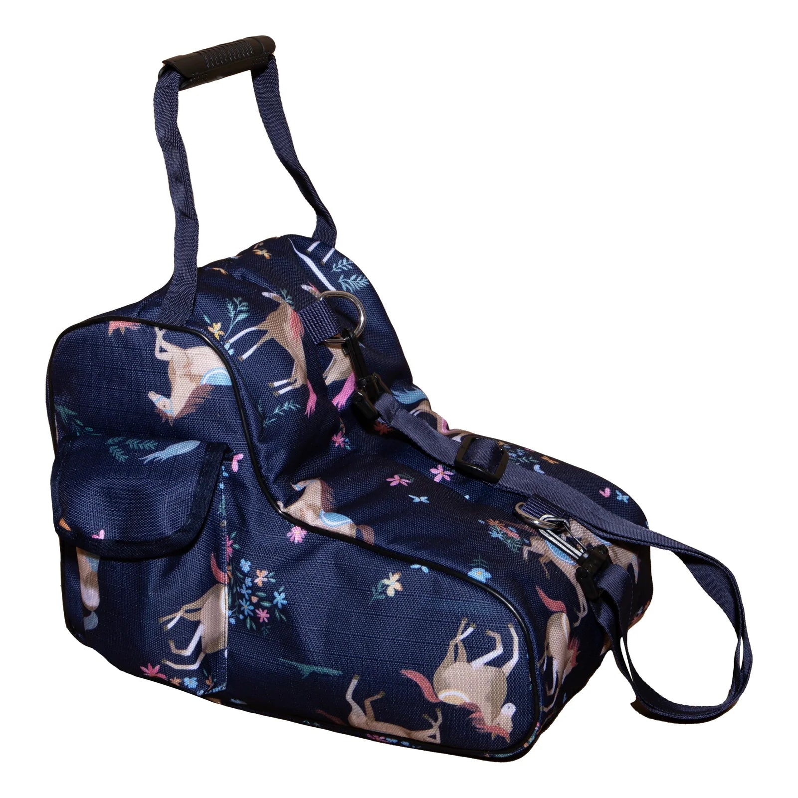 Fabric paddock boot bag with handles and horse and floral print shown on plain white background