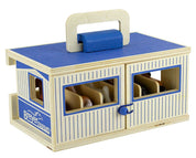 Angled back view of the Breyer Breyer Farms Wood Carry Stable on a white background