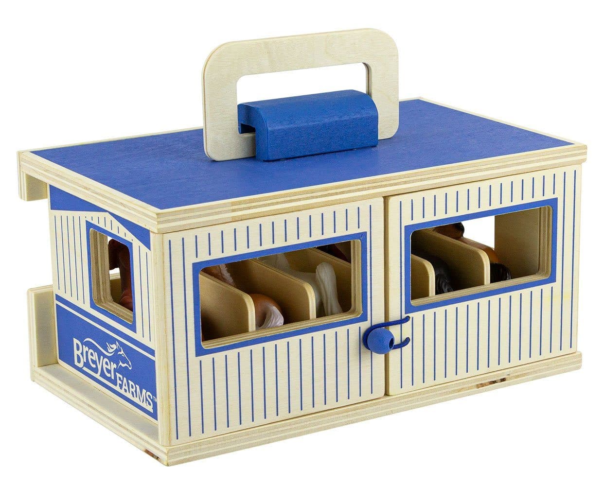 Angled back view of the Breyer Breyer Farms Wood Carry Stable on a white background