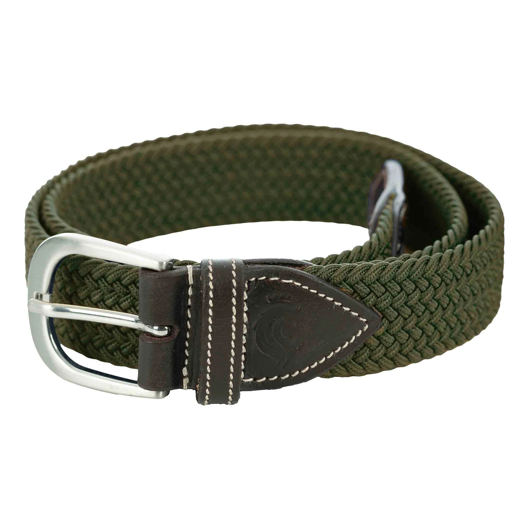 View of the Olive Green Equinavia Elsa Woven Stretch Belt on a plain background