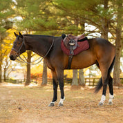 Side view of a bay horse wearing the Burgundy Equinavia Bergen Crystal All Purpose Pad under a brown saddle while standing outside