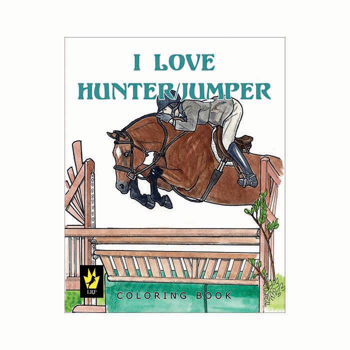 View of the front cover on the I Love Hunter/Jumpers Coloring Book on a white background