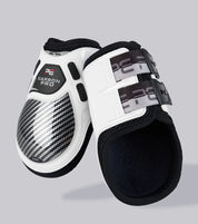 View of a pair of white Premier Equine Carbon Pro Fetlock Boots on a plain background