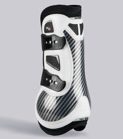 View of a white Premier Equine Carbon Pro Tendon Boot on a plain background