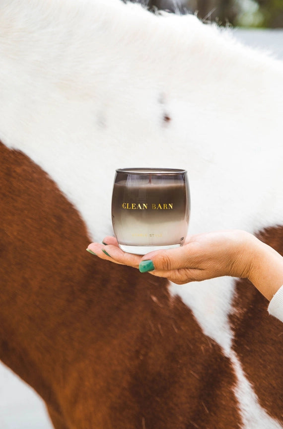 Front view of the Clean Barn Stable Style Soy Wax Candle being held by a model's hand in front of a horse