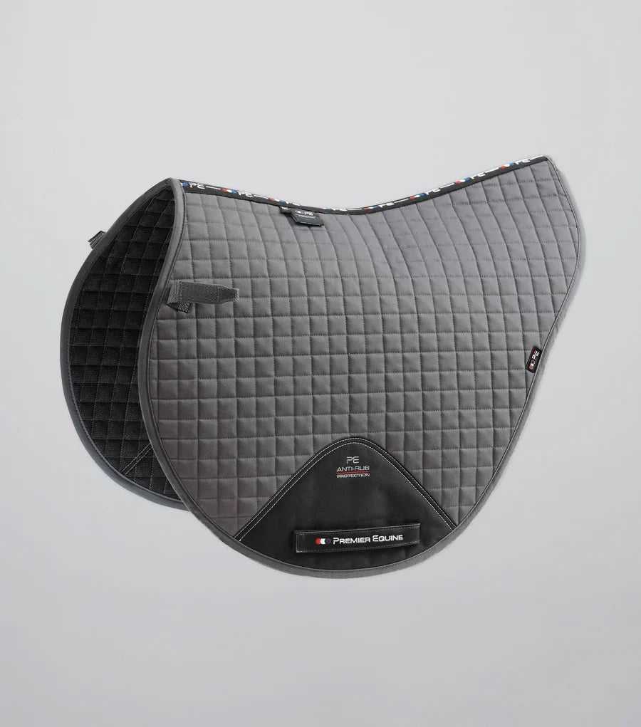 Side view of the Grey Premier Equine Close Contact Cotton Cross Country Saddle Pad on a plain background