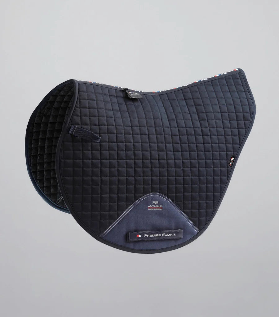 Side view of the Navy Premier Equine Close Contact Cotton Cross Country Saddle Pad on a plain background