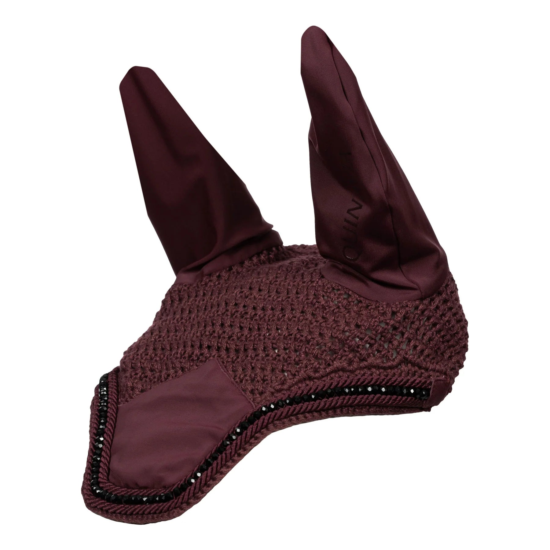 Angled front view of the Burgundy Equinavia Bergen Crystal Ear Net on a plain background showing the left side