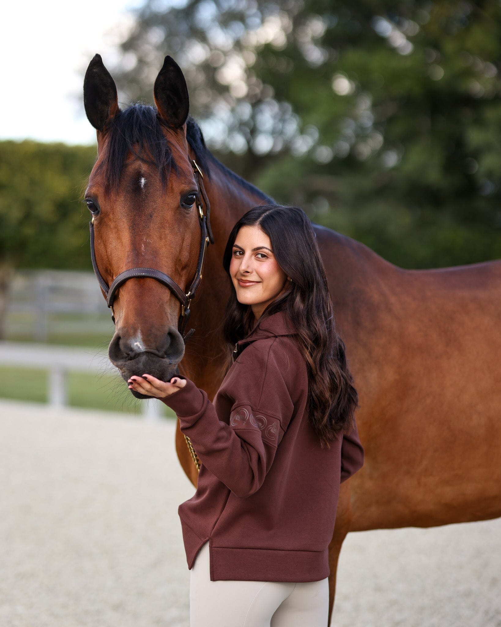 Back view of a female model wearing the Mocha Criniere Claire Sweater while standing next to a horse in an outdoor arena