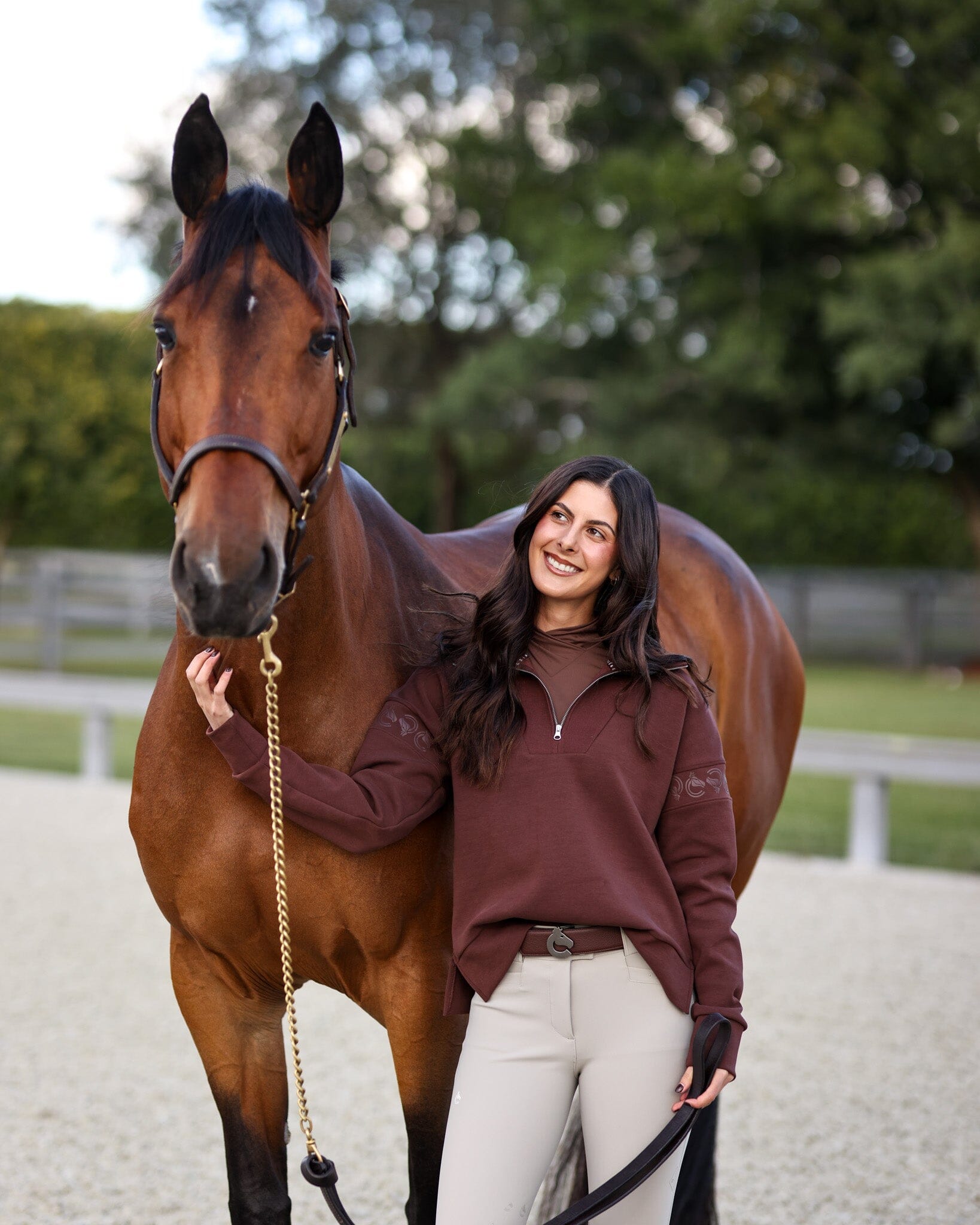 Front view of a female model wearing the Mocha Criniere Claire Sweater while standing next to a horse in an outdoor arena