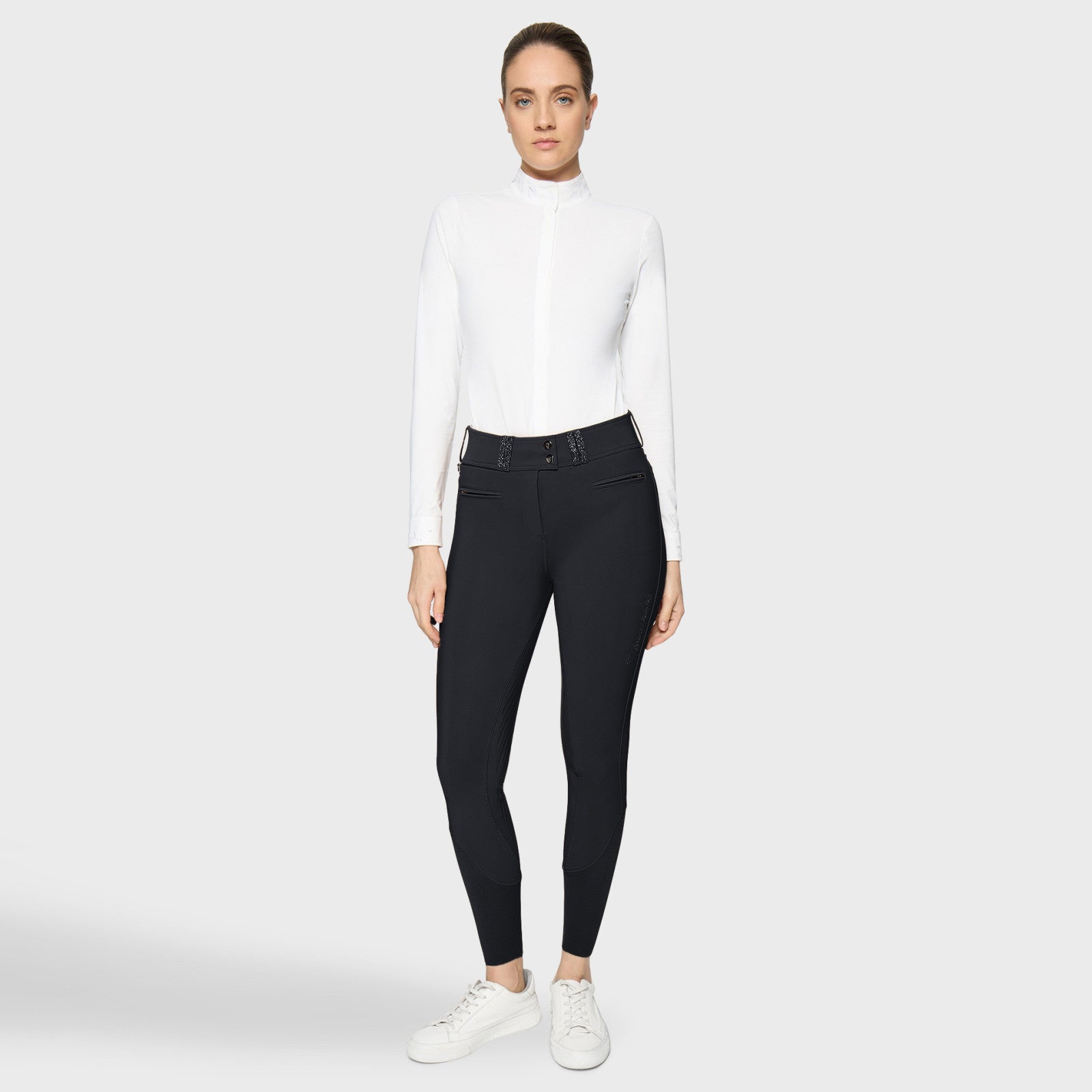 Black breeches with crystal shown on model with what shirt on plain white background