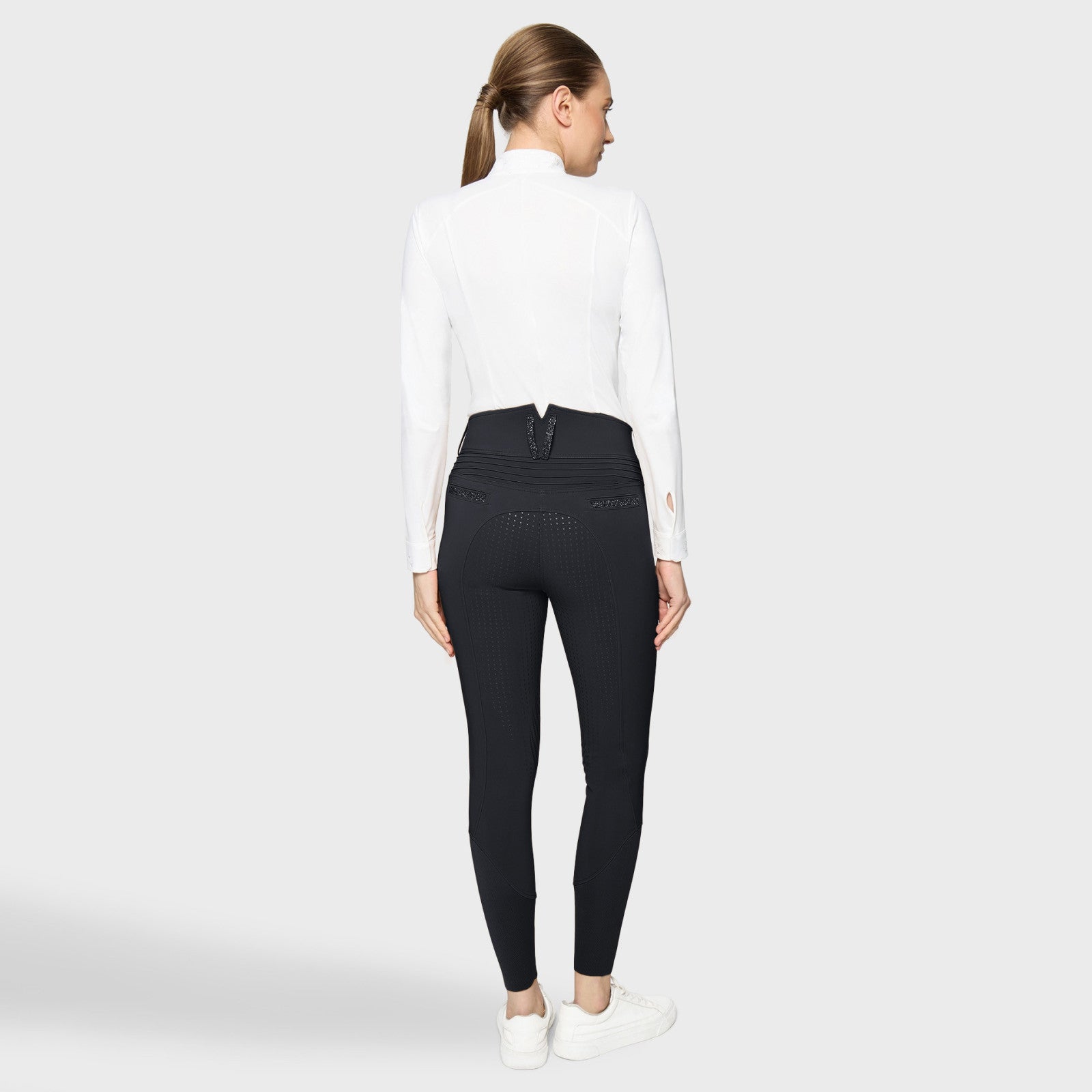 Black breeches with crystal shown on model with what shirt on plain white background