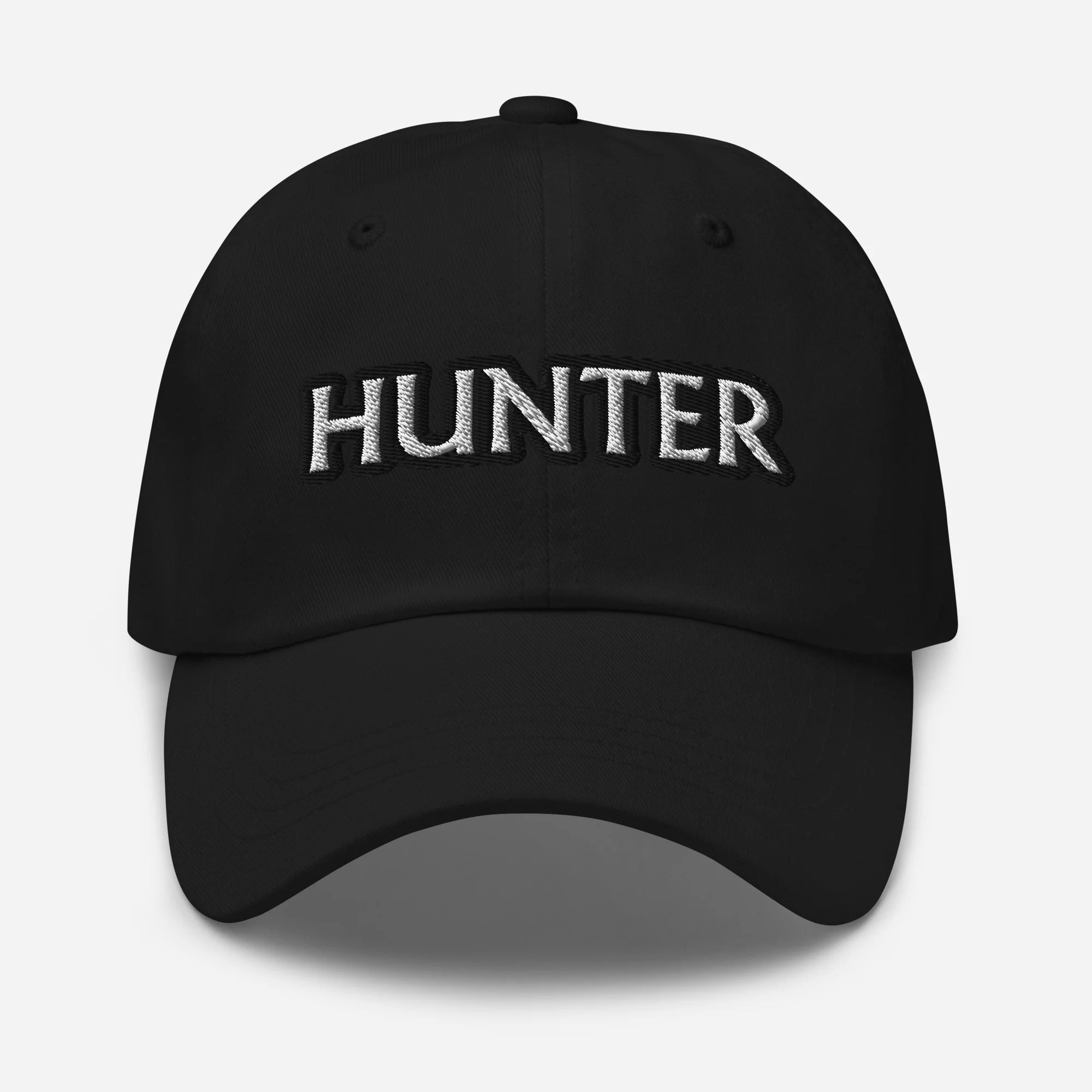Front view of the Black Hunter Unsustainable Equestrian Dad Hat on a plain background