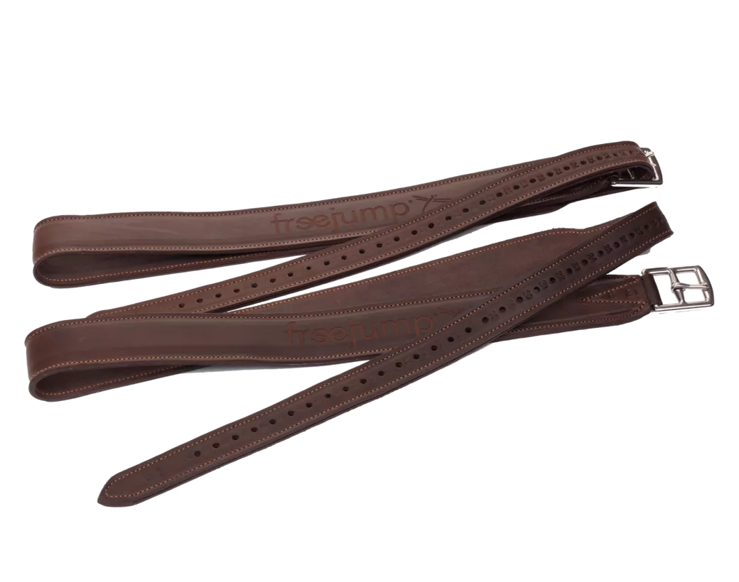 Full view of a pair of brown Freejump Classic Wide Leathers on a white background
