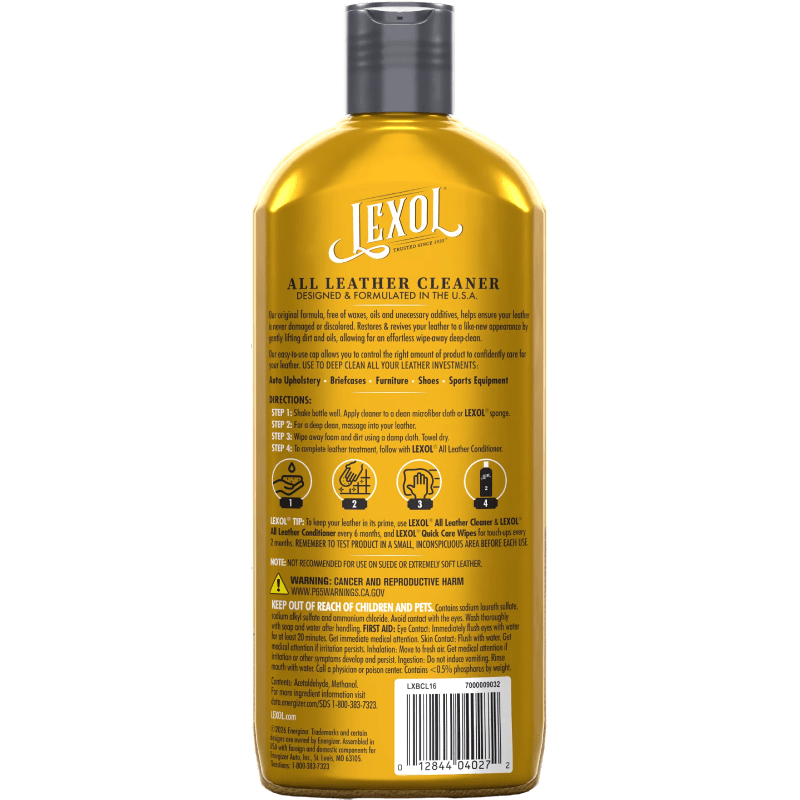 Back view of a bottle of Lexol All Leather Cleaner