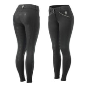 Side by side front and back views of the Black Equinavia Astrid Winter Full Seat Breeches on a white background